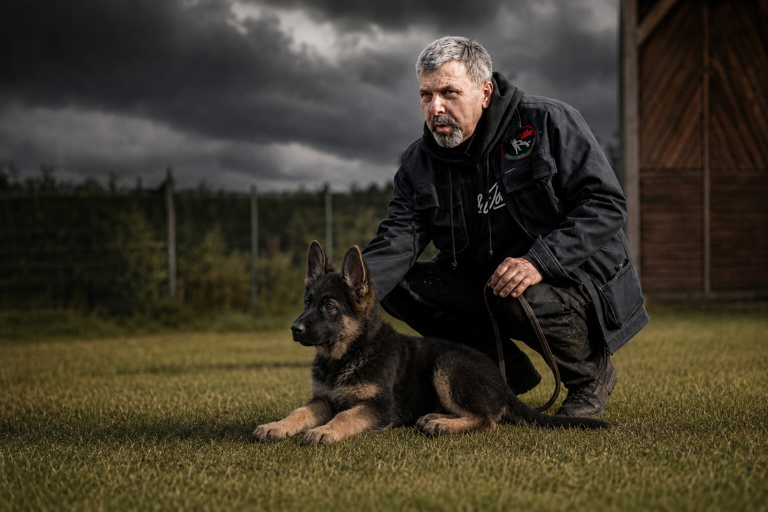 Jacek Ociepka ze szczeniakiem podczas zajęć psiego przedszkola BOSS-HAKER
